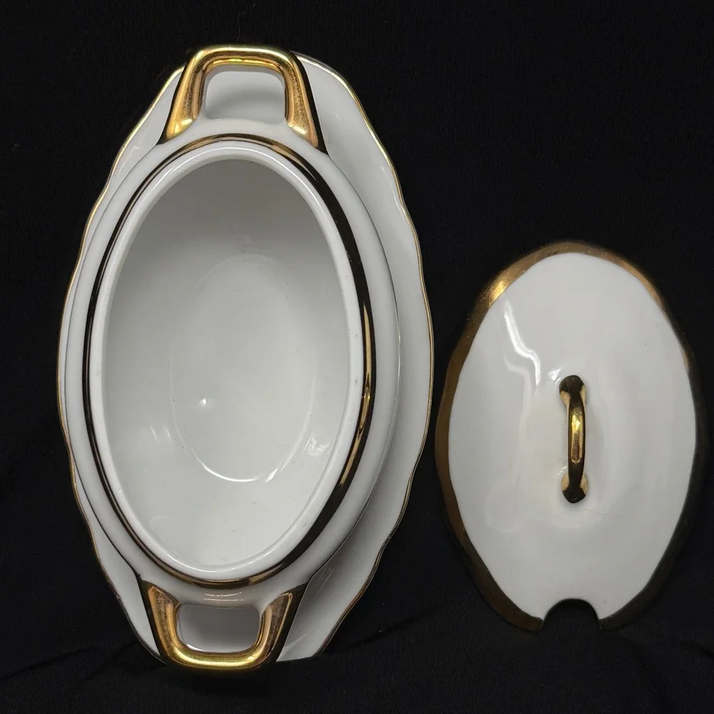 Royal Crown Sugar Bowl Tureen Gravy Boat Style White Gold Accent 525‎ Mini 5.25